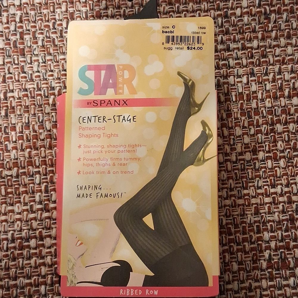 SPANX Star Center-Stage Backdrop Black Ribbed Row Patterned Tights Size C New